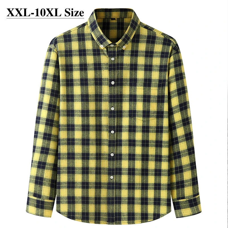 9XL 10XL 8XL 7XL Plus size Men's Long-sleeved Brushed Shirt Oversize Classic Plaid Loose Fashion Casual Male Clothing