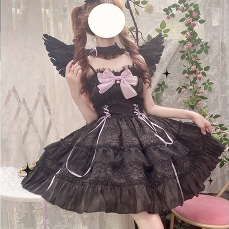 Vestido negro gótico japonés Lolita Jsk Little Devil para niñas, vestidos Punk blancos para mujeres, lindo vestido de hermana suave con tirantes de moda