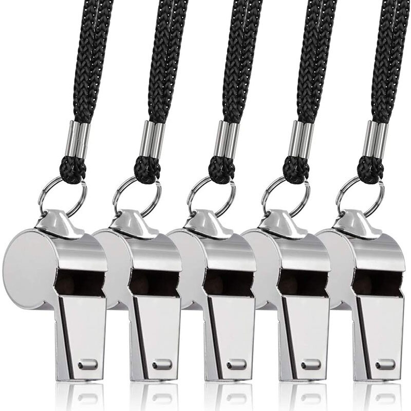 5 Packs Stainless Steel Whistle Loud Metal Whistles with Lanyard Professional Referees Whistle Coaches Lifeguards Survival Sport