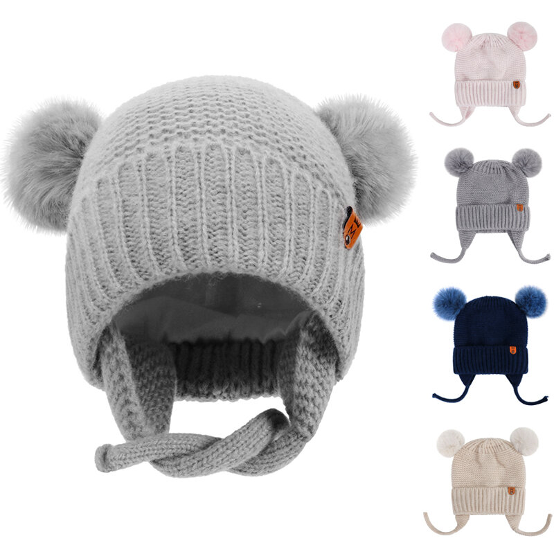 Cute Pompom Baby Hat Winter Warm Kids Bonnet Cap Crochet Knit Solid Color Protect Children Toddler Beanie Cap Baby Girl Boys Hat