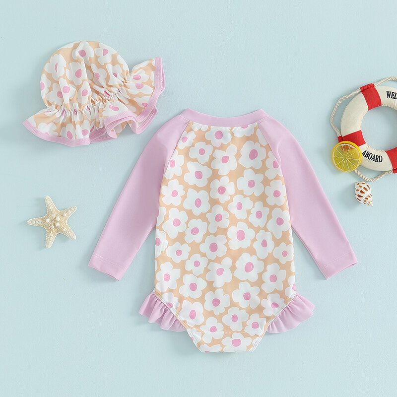 Lioraitiin-Maillot de bain à volants pour bébé fille, barboteuse à manches longues, imprimé floral, patchwork, avec bonnet de bain