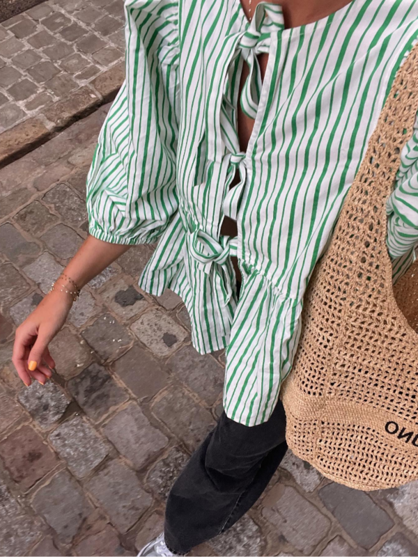 Шикарный свободный женский топ с круглым вырезом и буффами на шнуровке, новинка весны 2024, Модный женский пригородный Топ, высокая уличная одежда