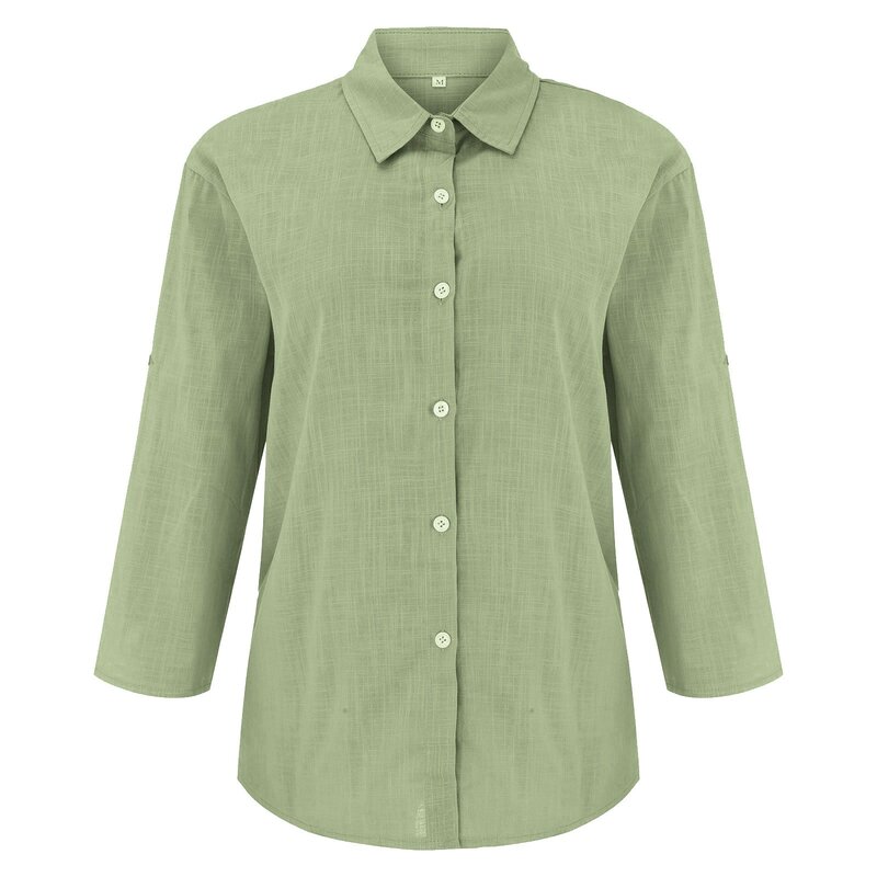 Blusas femininas de botão de lapela de cor sólida, camisa de linho algodão, elegante túnica vintage, tops verão 2022