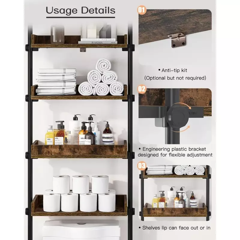 Bathroom Organizer, Over The Toilet Storage, 4-Tier Adjustable Wood Shelves for Small Rooms, Saver Space Rack