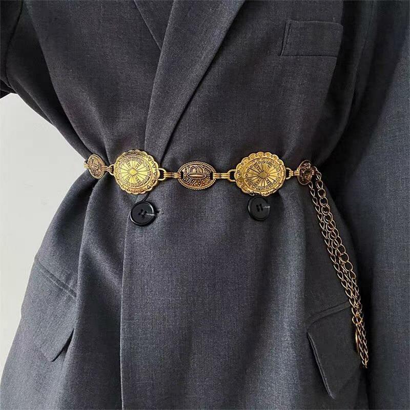 Cintura a catena in metallo Retro popolare stile etnico bohémien decorazione camicia B4t3
