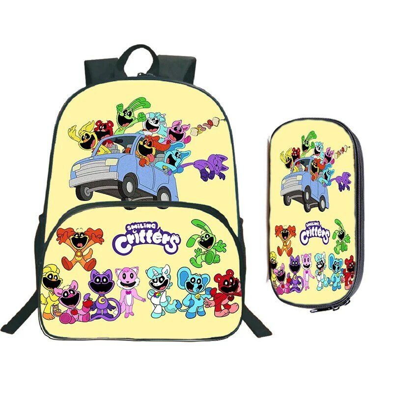 2pcs Set Smiling Critters Print School Bags Large Capacity Backpacks Boys Girls Cartoon Backpack Student Laptop Bookbag Kids Bag