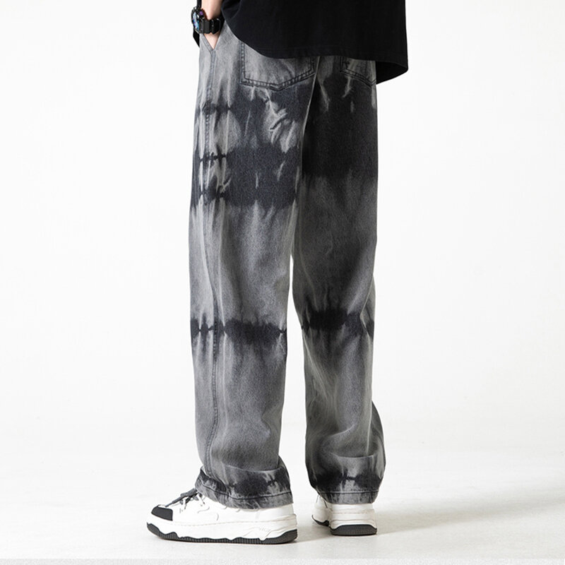 Jeans lavati Jeans Casual Tie-Dye High Street dritto gamba larga uomo Streetwear Hip Hop elastico in vita pantaloni in Denim oversize M-5xl