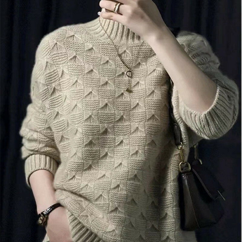 Sweater longgar lengan panjang wanita, baju hangat longgar leher bulat, lengan panjang musim gugur dan musim dingin