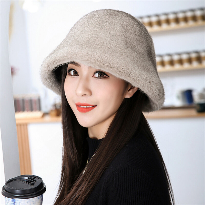 Sombrero de pescador de piel de visón para mujer, gorro cálido para otoño e invierno, novedad