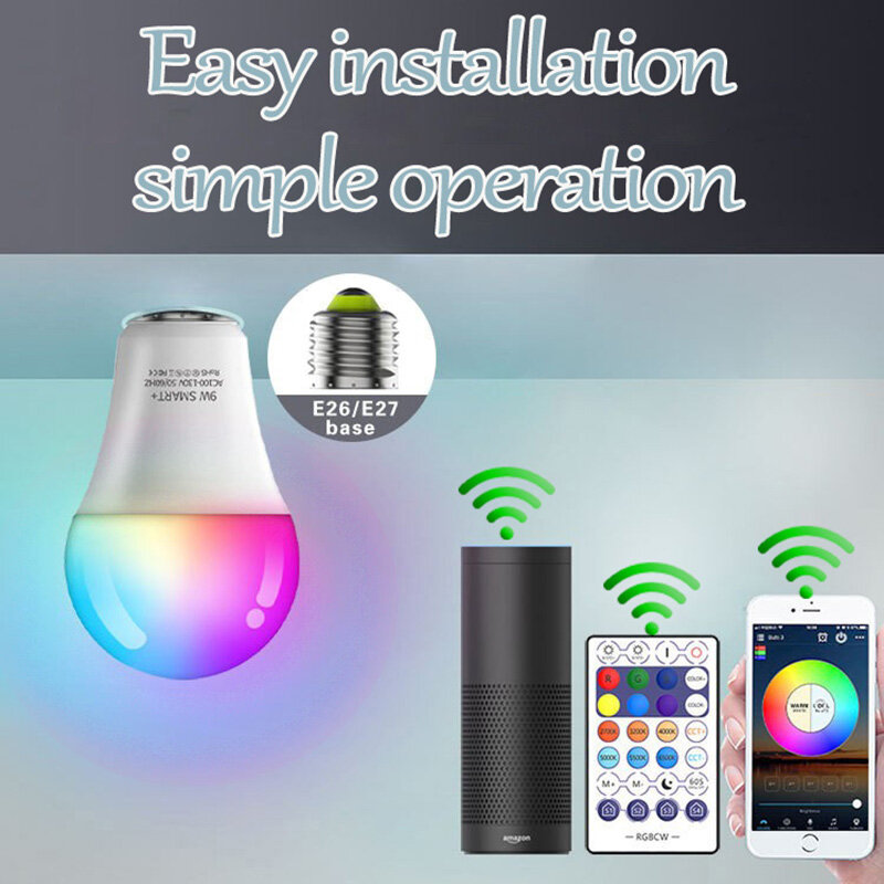 Lâmpada LED inteligente para casa, WiFi, Alexa, Google, Tuya, RGB, aplicativo Smart Life, lâmpada de 9W, E26