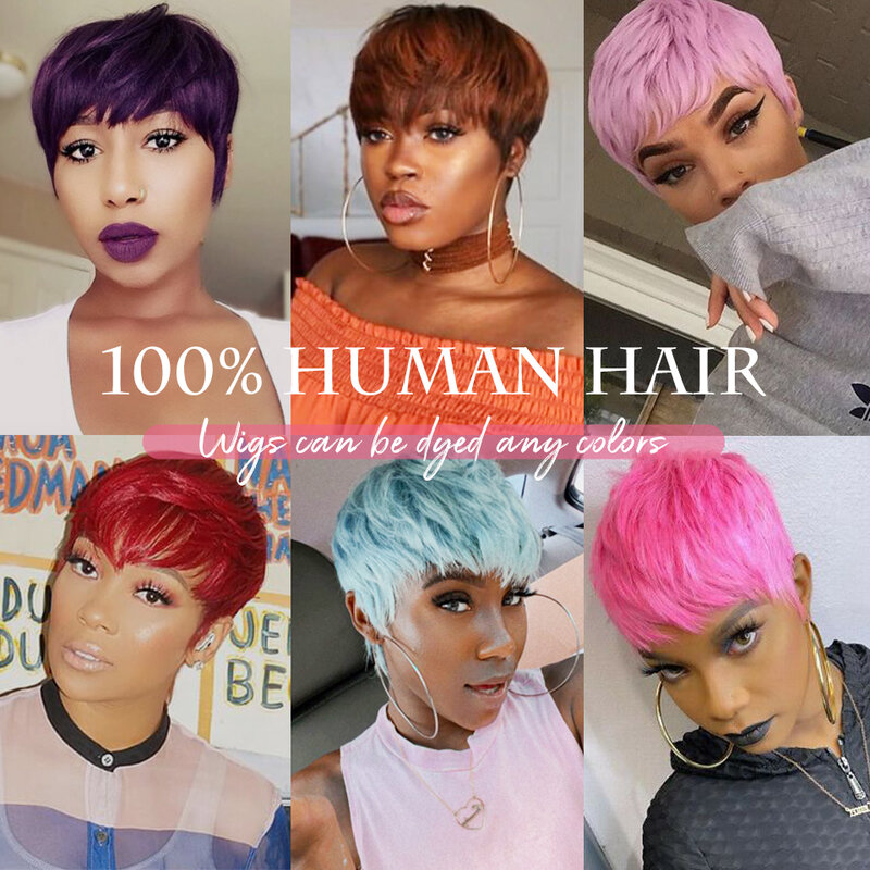Pixie Cut Wigs for Black Women 9A Short Straight Human Hair Wigs with Bangs Short Layered Pixie Wigs for Black Women Natural