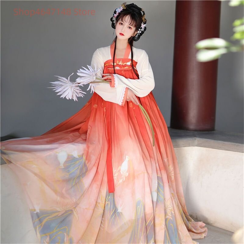 فستان Hanfu الصيني التقليدي للنساء ، زي الرقص الشعبي القديم ، التطريز الجنية ، الشعبية القديمة ، مجموعة فستان سلالة أغنية الرجعية