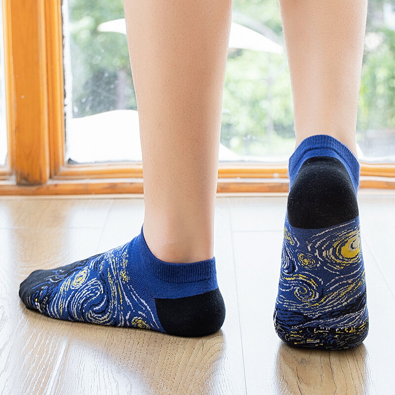 ถุงเท้ายาวถึงข้อเท้าถุงเท้าฮิปฮอปชายแฟชั่นผ้าคอตตอนคอมบ์5คู่ใหม่ฮาราจูกุถุงเท้าภาพสีน้ำมันนามธรรม sokken ตลก