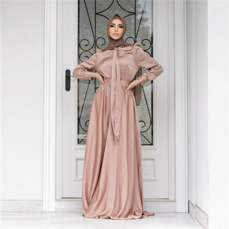 Raso donne Musulmane Abaya Ramadan lungo Maxi vestito arabo turco abbigliamento islamico partito Dubai Robe Jilbab caftano Femme Musulmane