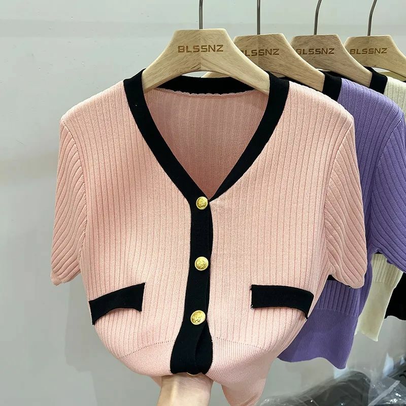 Camisas de manga corta de punto coreanas con botones y cuello en V para mujer, Tops informales sueltos, blusas de oficina para mujer 2024