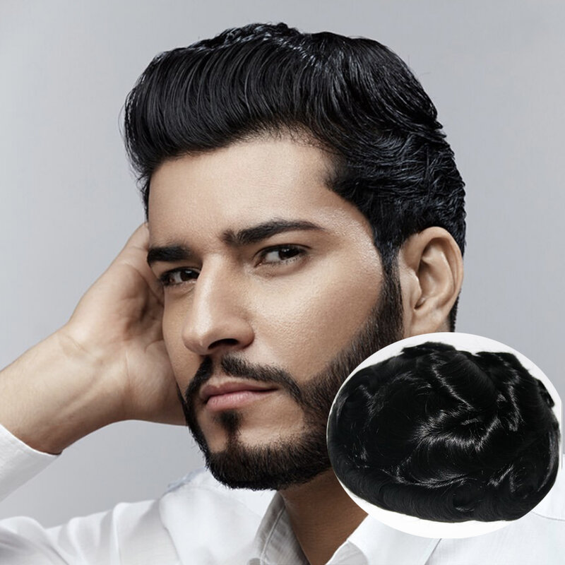 #1 Farbe natürlichen Haaransatz menschliches Haar Männer 8x10 Toupet dünne Haut Männer Kapillar prothese Haar teile Ersatz systeme Männer
