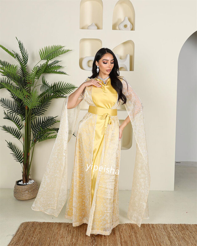  Evening Satin Sash Draped Cocktail Party A-line V-neck Bespoke Occasion Gown Long Dresses Saudi Arabia  