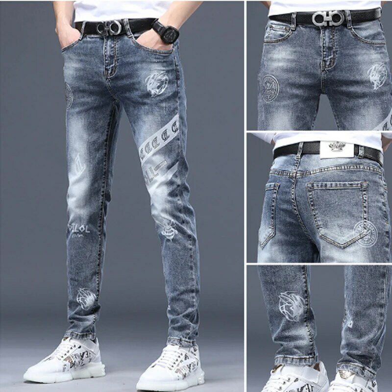 2024 nowe męskie wiosenne dżinsy modne spodnie do prania wysokiej jakości Slim Fit Vintage Blue dżinsy hip-hopowe Streetwear Mans jeansowe spodnie