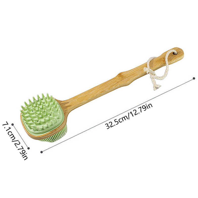 Silicone Brush Head Back Scrubber Shower Brush With Long Wooden Handle Dry Skin Exfoliating Body Massage Cleaning Tool