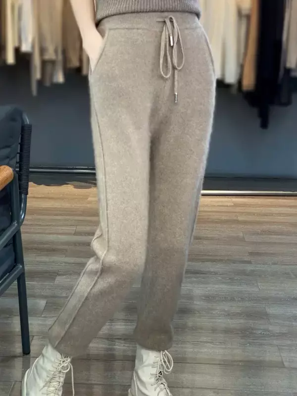 Pantalones acolchados de lana 100% pura para mujer, calzas de Cachemira de punto, cálidas, talla grande, Otoño e Invierno