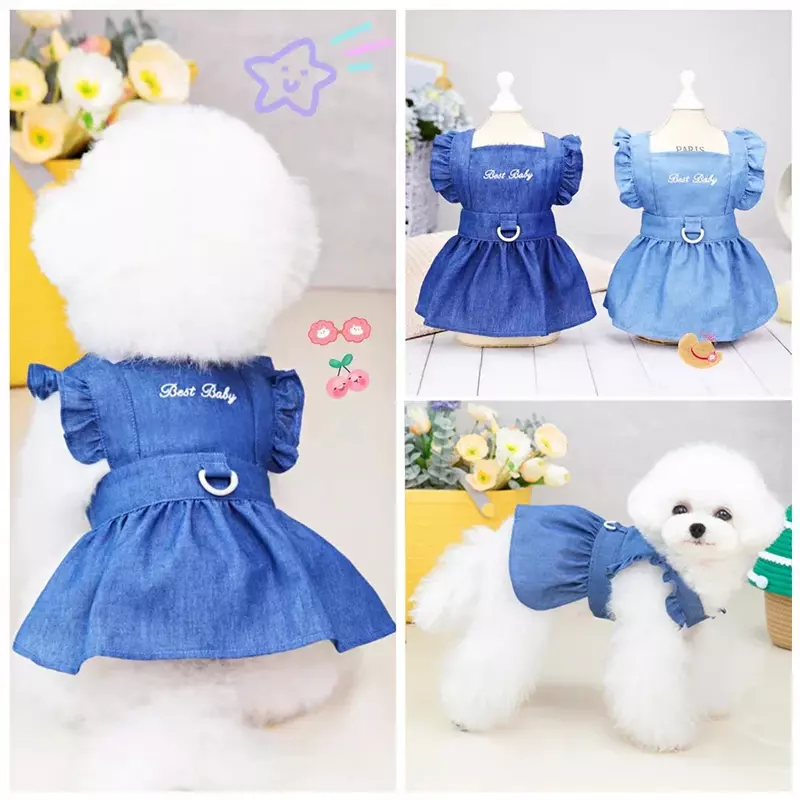 Spring Summer Dog Dress for Small Kitten Dogs Clothes Puppy Letters Embroidered Jean Strap Dresses Chihuahua Skirts Pet Costumes