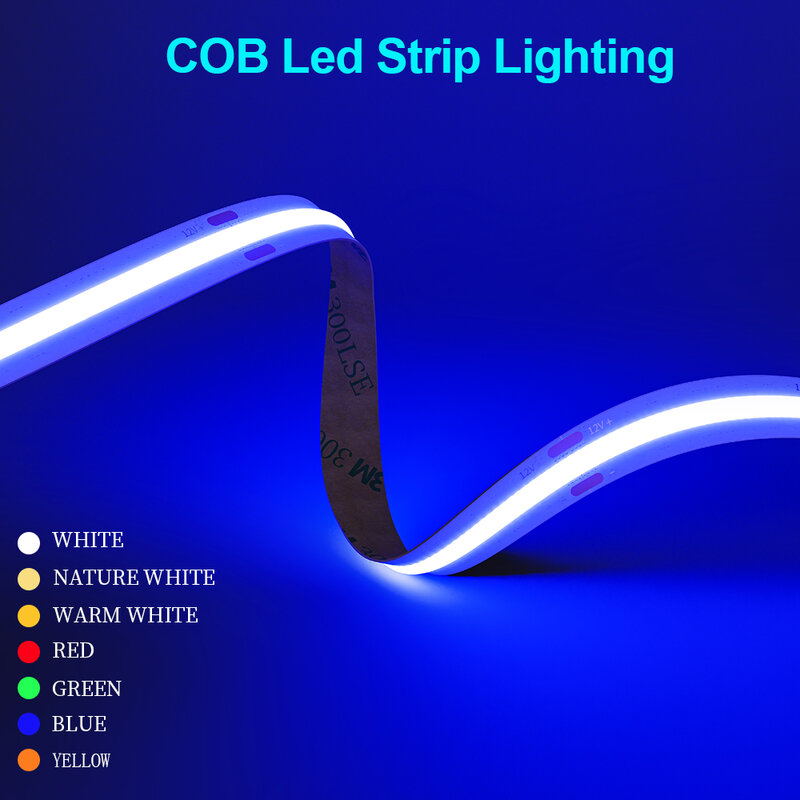 Fita de luz LED COB flexível, alta densidade, FOB, vermelho, verde, azul, quente, natureza, fresco, branco, linear, regulável, 480, 528 chips, 12V, 24V
