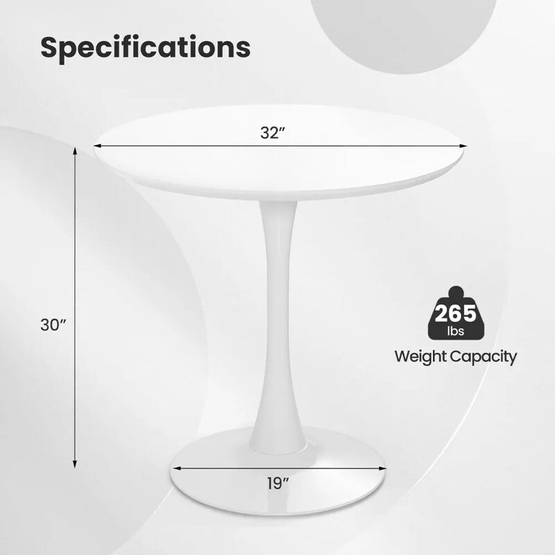 Witte Ronde Eettafel, 32 Inch Moderne Tulpenkeukentafel Met 0.9 ”Verdikt Tafelblad En Stevig Metalen Voetstuk