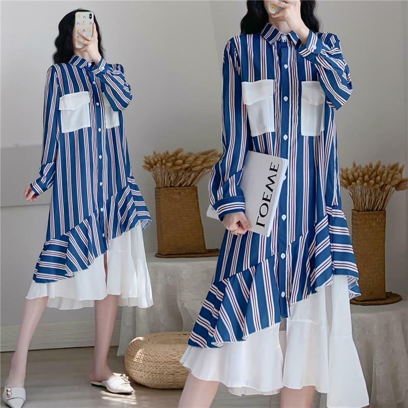 Modna, z klapami w paski, splatany marszczona sztuczna dwuczęściowa sukienka Midi damska odzież 2024 wiosna nowe luźna nieregularna swobodne sukienki