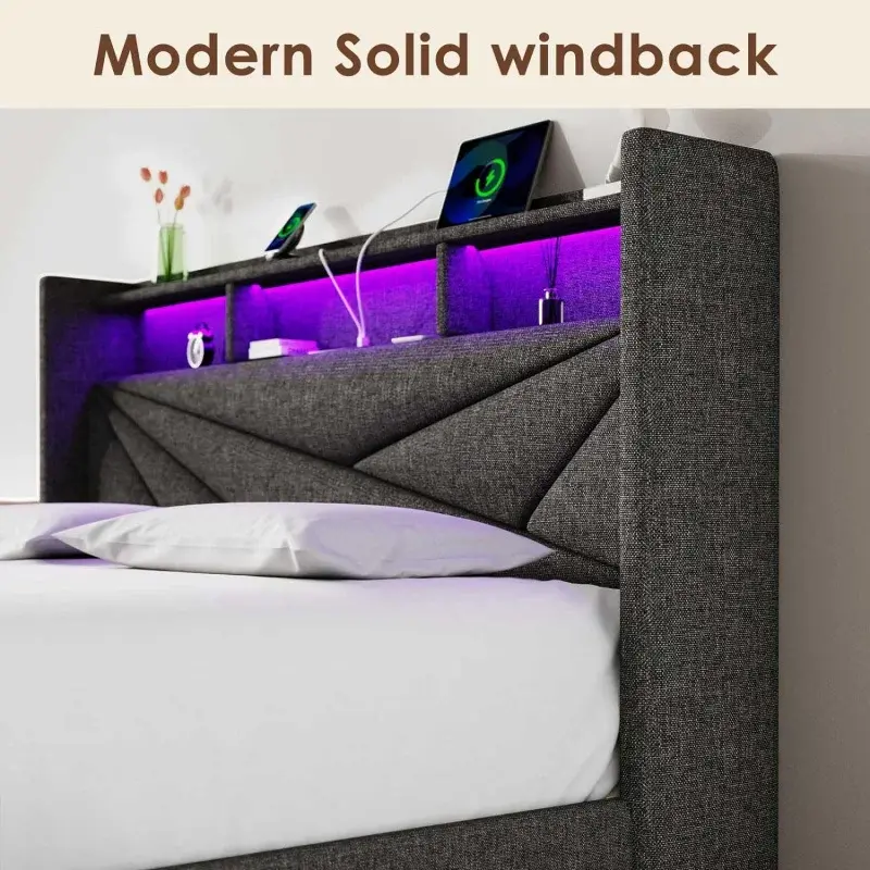 Cadre de lit Queen à LED avec 2 égouts de proximité de stockage, panneau de sauna et station de recharge de taille standard, sans ressort