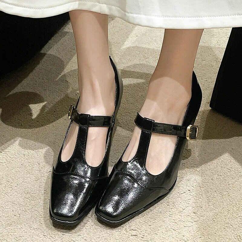 Новинка 2024, летние женские туфли-лодочки, женские туфли с квадратным носком на массивном каблуке, туфли Мэри Джейн, коричневые кожаные туфли в стиле ретро, Женская Классическая обувь