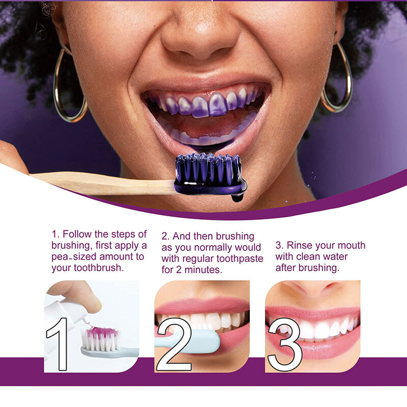 Creme dental V34 Purple Whitening, brilho da respiração fresca, remover manchas, reduzir o amarelecimento, cuidar das gomas dentárias, higiene bucal, novo, 30ml