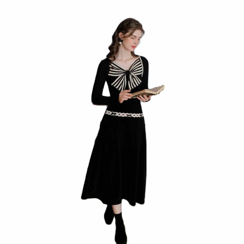 Vestido preto de tricô feminino, Laço grande, Gola V, Manga comprida, Cintura alta, Vestido fino, Roupa feminina, Outono, Inverno, 2022