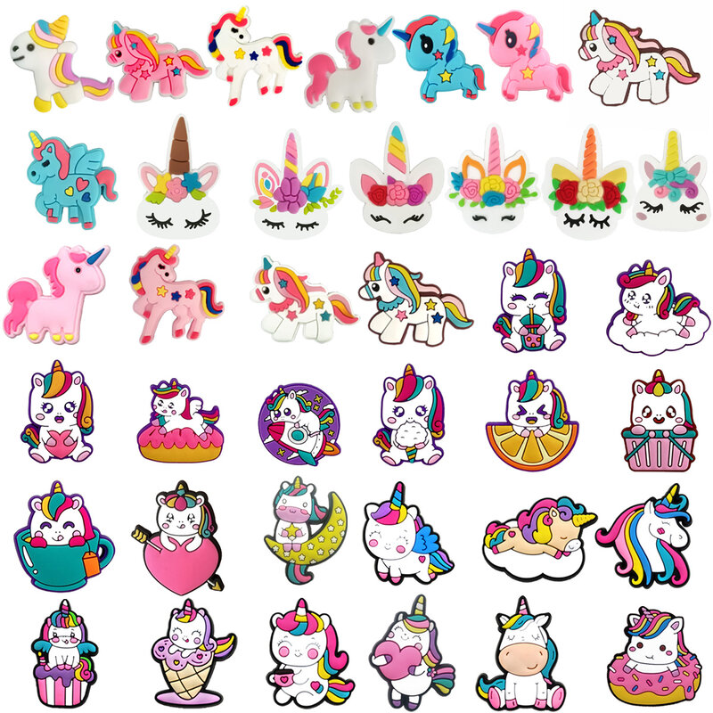 Dijes de zapatos de unicornio de dibujos animados para niños y mujeres, decoraciones de hebilla, regalos de PVC, accesorios de sandalias, 1 piezas