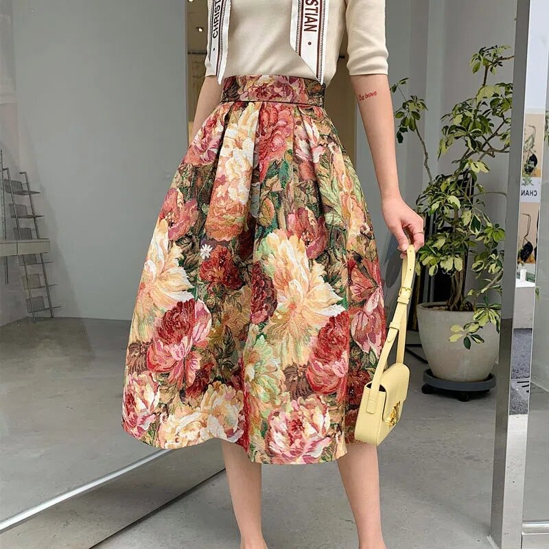Faldas estético vintage jacquard saia 2022 outono inverno nova a-line guarda-chuva saia pintura a óleo de cintura alta saia bolso feminino