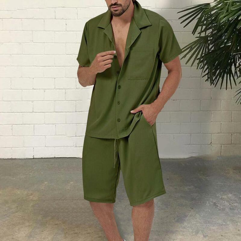 Conjunto casual de roupas de verão masculino, camisa de lapela, bolso com elástico na cintura, manga curta, peito único