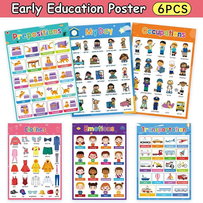 6PCS Traffic Emotion Prepositions Clothing Professional Vocabulary Posters Early Education Learning Card for kids Teaching Aids