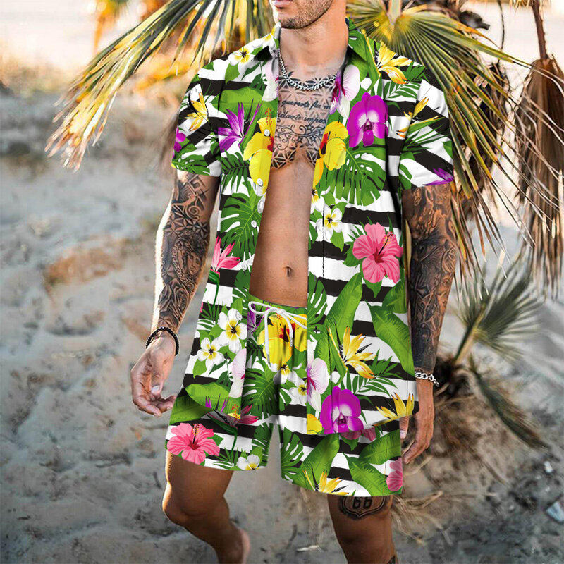 Strand gedruckt Hawaii Set Herren 2 Stück Hemd 3D-Druck lose Freizeit Kurzarm Strand Shorts Shirt Urlaub Mode zweiteilig Set