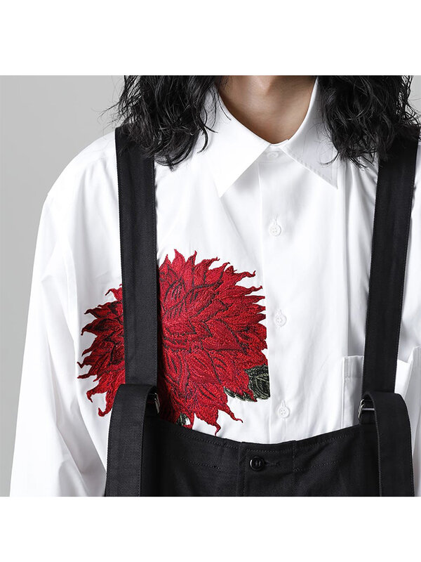 다크 일본 스타일 꽃 자수 오리지널 남성 셔츠 및 블라우스, 요지 옴므 유니섹스 오버사이즈 셔츠, 남성 의류