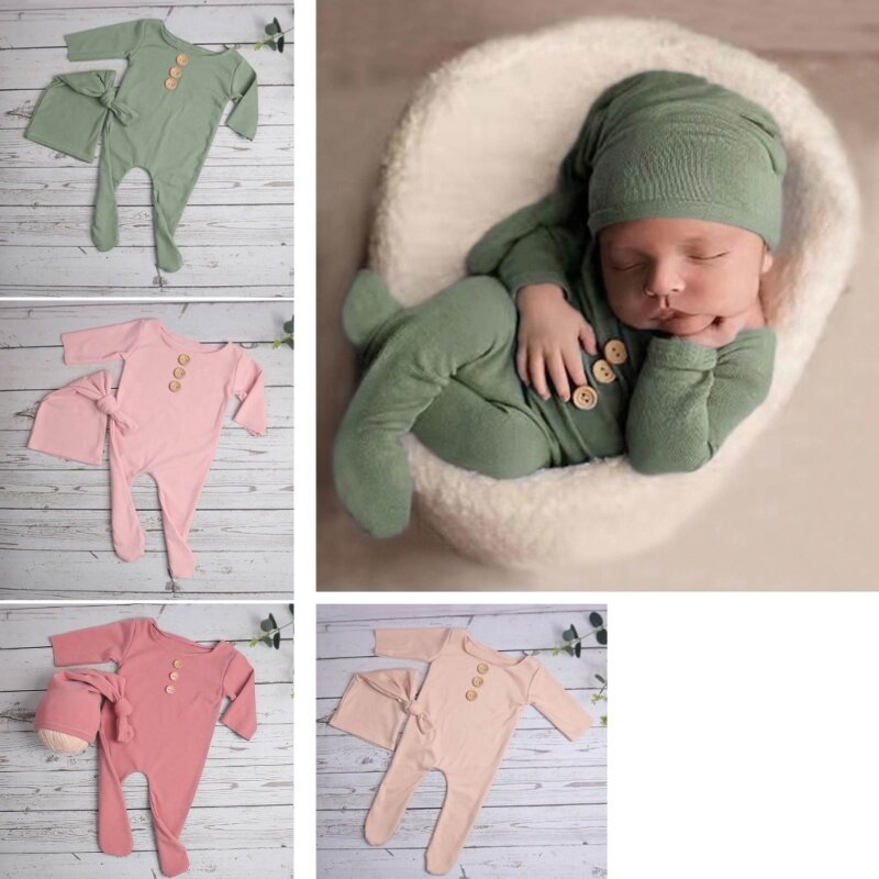2 ピース/セット新生児ロングロンパースジャンプスーツ結び目帽子ボタン付きソリッドカラー幼児カバーオール写真小道具衣装