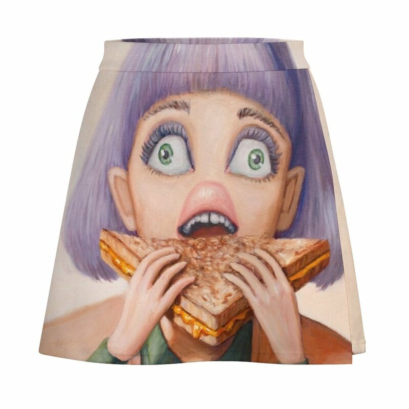 Grillowany obraz kobiety jedzącej kanapkę przez artystkę Heather Buchanan Mini spódniczka ubiera letnią kobietę 2023