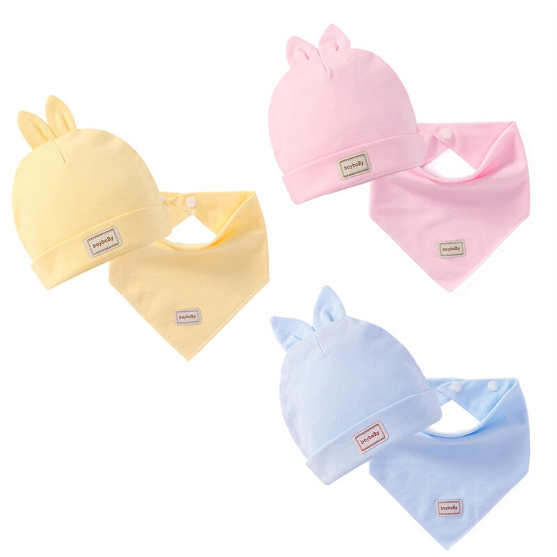Baby Newborn Eslatic Cap Girls Boys Saliva Towel Cotton Autumn Winter Baby Infant Hat Solid Color Bunny Ears Headscarf Bibs