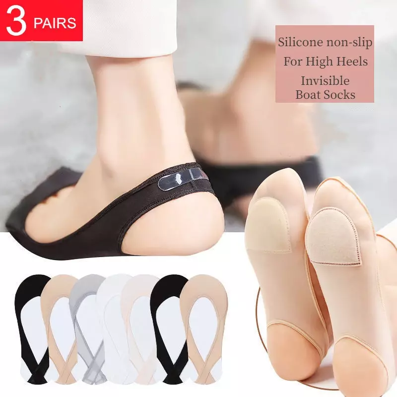 Calcetines invisibles antideslizantes para mujer, medias náuticas de silicona para zapatos de tacón alto, seda de hielo, tirantes finos de media palma, 3 pares