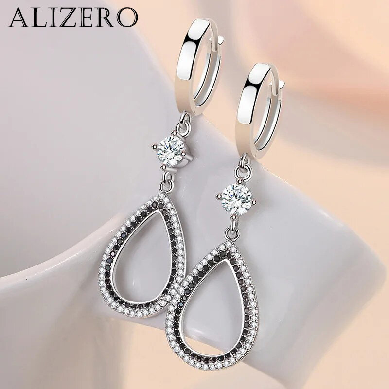 ALIZERO 925 Sterling Silver Black Zircon Water Drop Earrings For Women Wedding Engagement Party Fashion Jewelry