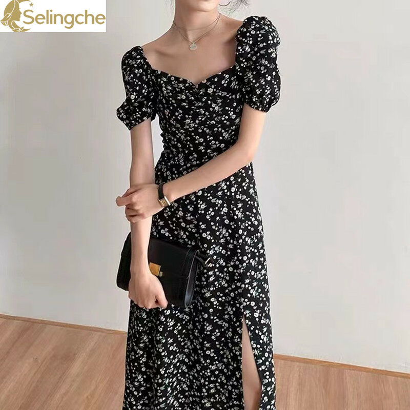 French First Love Sweet Square Neck Bubble Sleeve Small Fresh Fragmented Flower Dress Black Temperament Long Skirt