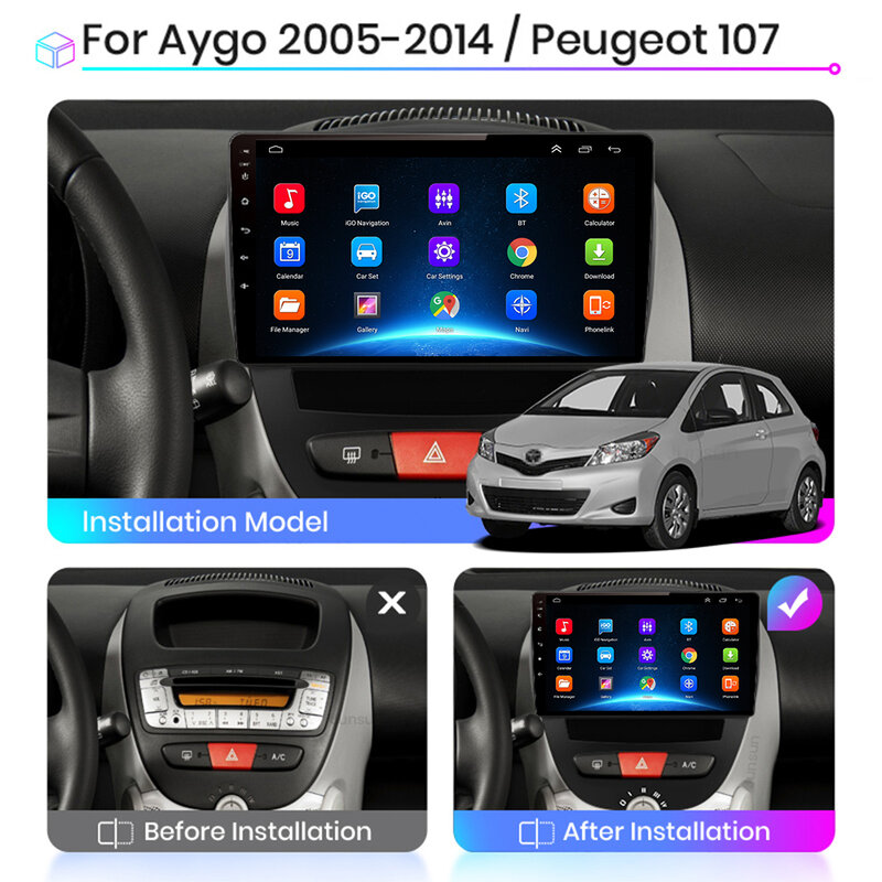 Android 10 2 Din เครื่องเล่นมัลติมีเดียสำหรับรถยนต์ Peugeot 107 Toyota Aygo Citroen C1 2005-2014หัวหน่วยสเตอริโอ GPS Navigation BT WIFI