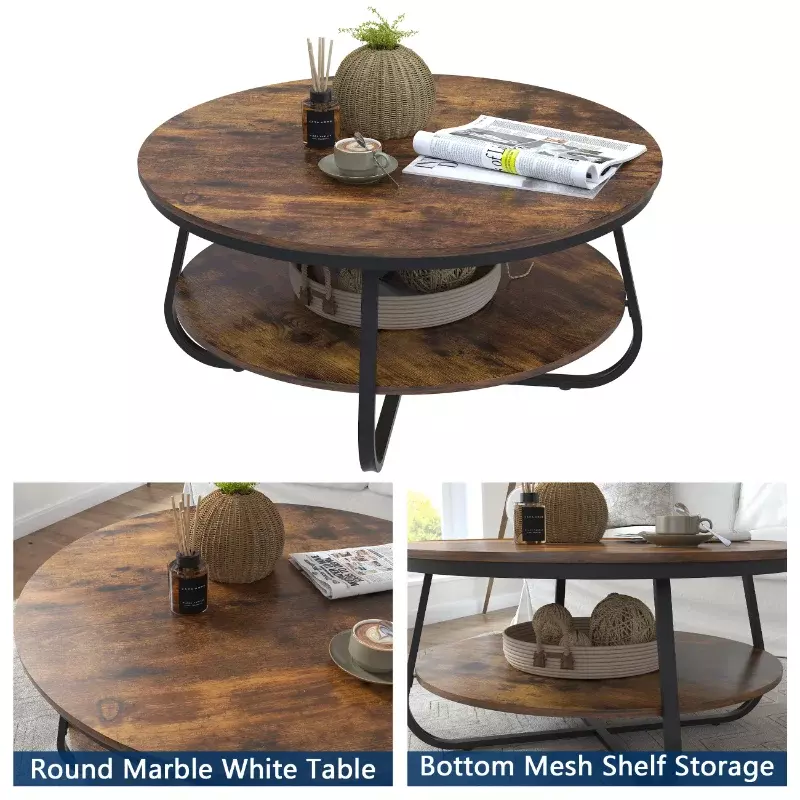 オープンストレージ付きの丸いコーヒーテーブル,頑丈な金属の脚を備えた素朴なアクセントテーブル,リビングルーム用の木製ソファテーブル,38.5インチ