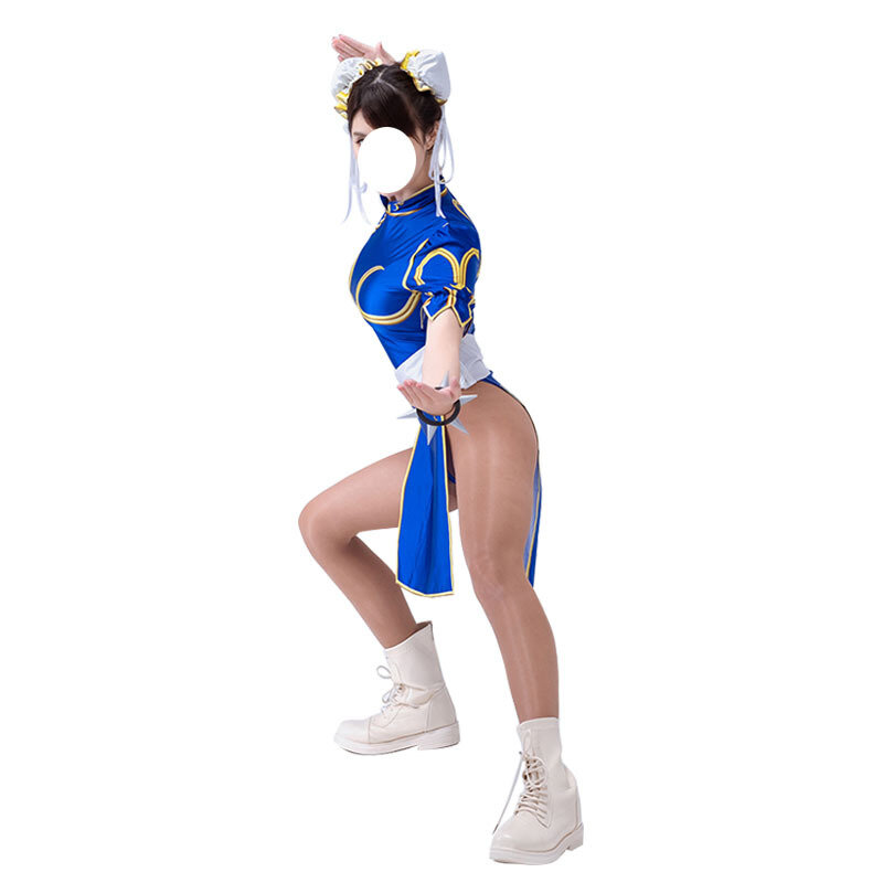 Chun Li fantasia cosplay feminina, vestido Street Fighter, conjunto cheongsam azul e rosa, roupa sexy de Halloween, pulseira