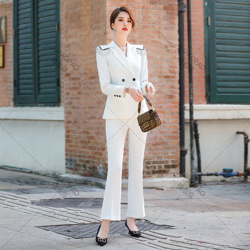 JUPAOPAO-Conjunto de terno profissional feminino, trespassado duplo vestuário de escritório, jaqueta e calça tamanho grande, high end