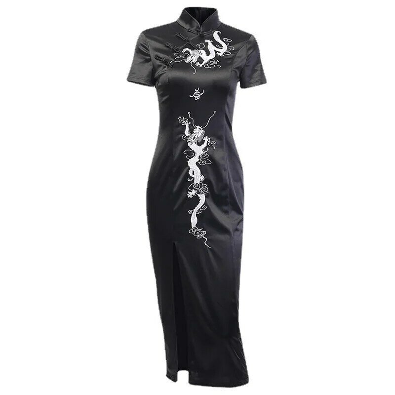 Sexy Black Brocade Satin Short Fork Cheongsam Chinese Classic Women's Qipao Elegant Short Sleeve Novelty Wedding Evening Dress