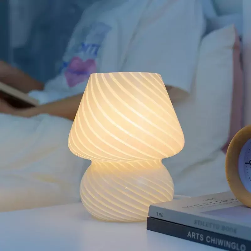 Glass LED Desk Lamp For Bedroom Bedside Korean Ins Style Striped Mushroom Table Decor Cute Translucent Ring